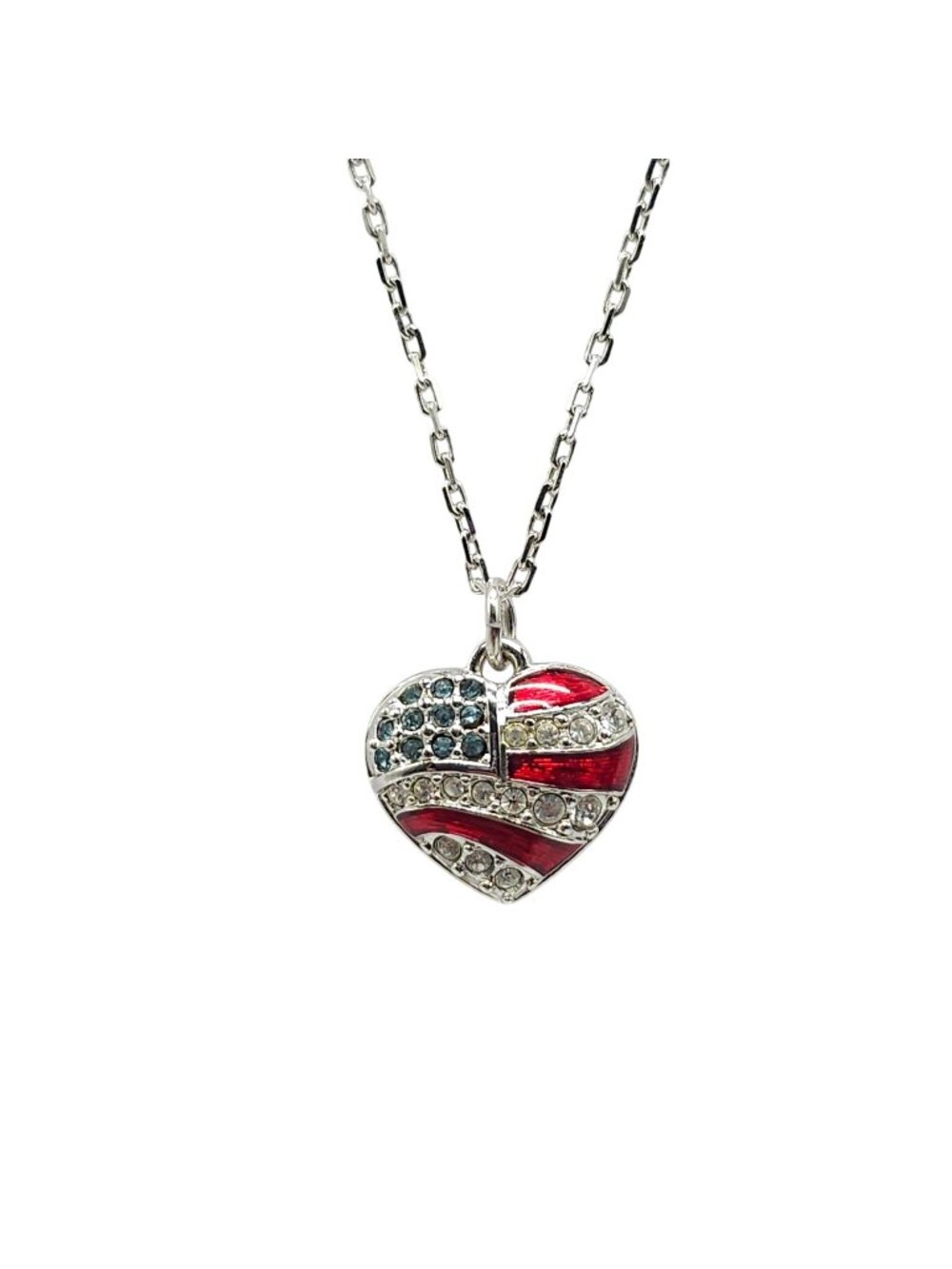 Swarovski Signed American Flag Heart Pendant Necklace With Crystals Silver-Tone